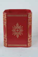 Load image into Gallery viewer, Homers Iliad Book Design Wastebasket Red Faux Leather Library Decor Trash Can