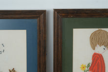 Load image into Gallery viewer, Vintage Framed Crewel Embroidery Wall Art Children Sayings Needlework Pair