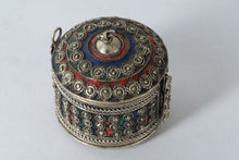 Load image into Gallery viewer, Vintage Kabyle Berber Silver & Enamel Bracelet Box – Handcrafted Algerian Jewelry Container (2.75” x 2.5”)