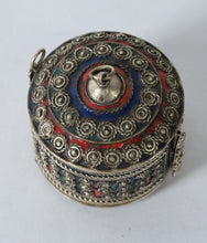 Load image into Gallery viewer, Vintage Kabyle Berber Silver & Enamel Bracelet Box – Handcrafted Algerian Jewelry Container (2.75” x 2.5”)