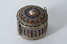 Load image into Gallery viewer, Vintage Kabyle Berber Silver & Enamel Bracelet Box – Handcrafted Algerian Jewelry Container (2.75” x 2.5”)