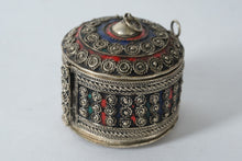 Load image into Gallery viewer, Vintage Kabyle Berber Silver & Enamel Bracelet Box – Handcrafted Algerian Jewelry Container (2.75” x 2.5”)