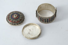 Load image into Gallery viewer, Vintage Kabyle Berber Silver & Enamel Bracelet Box – Handcrafted Algerian Jewelry Container (2.75” x 2.5”)