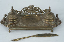 Load image into Gallery viewer, Vintage Brass Double Inkwell Desk Set Feather Dip Pen India
