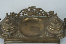 Load image into Gallery viewer, Vintage Brass Double Inkwell Desk Set Feather Dip Pen India