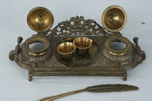 Load image into Gallery viewer, Vintage Brass Double Inkwell Desk Set Feather Dip Pen India