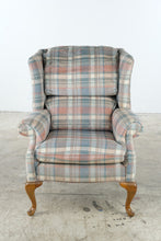Load image into Gallery viewer, Broyhill Traditional Wingback Chair with Pastel Plaid Upholstery and Wood Legs