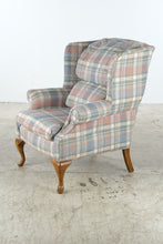 Load image into Gallery viewer, Broyhill Traditional Wingback Chair with Pastel Plaid Upholstery and Wood Legs