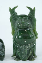 Load image into Gallery viewer, Carved Green Stone Laughing Buddha Figurines Pair Miniature Sculpture Set