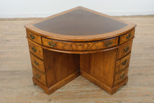 Load image into Gallery viewer, Rare Antique Burl Wood Corner Writing Desk with Inlaid Top & Brass Hardware
