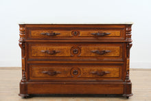 Load image into Gallery viewer, Late 19th Century Victorian Marble Top Dresser with Burl Wood Drawer Fronts and Carved Columns