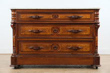 Load image into Gallery viewer, Late 19th Century Victorian Marble Top Dresser with Burl Wood Drawer Fronts and Carved Columns