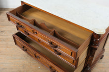 Load image into Gallery viewer, Late 19th Century Victorian Marble Top Dresser with Burl Wood Drawer Fronts and Carved Columns