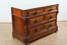Load image into Gallery viewer, Late 19th Century Victorian Marble Top Dresser with Burl Wood Drawer Fronts and Carved Columns