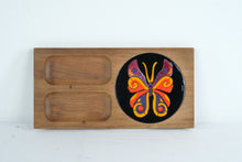 Load image into Gallery viewer, Mid Century Wood Snack Tray with Hand Painted Butterfly Inset Serving Board