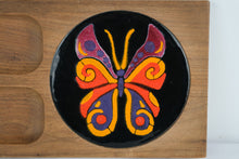 Load image into Gallery viewer, Mid Century Wood Snack Tray with Hand Painted Butterfly Inset Serving Board