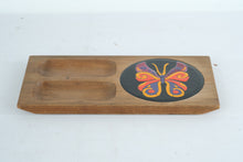 Load image into Gallery viewer, Mid Century Wood Snack Tray with Hand Painted Butterfly Inset Serving Board