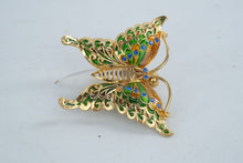 Load image into Gallery viewer, Butterfly Perfume Bottle Brooch Gold Tone Green Enamel Blue Rhinestones Glass