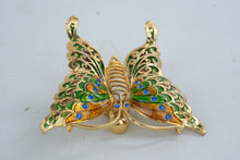 Load image into Gallery viewer, Butterfly Perfume Bottle Brooch Gold Tone Green Enamel Blue Rhinestones Glass