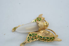 Load image into Gallery viewer, Butterfly Perfume Bottle Brooch Gold Tone Green Enamel Blue Rhinestones Glass