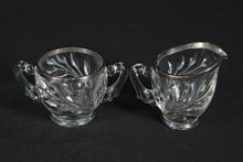 Load image into Gallery viewer, Vintage Glass Creamer & Sugar Set with Silver-Tone Rim – Leaf Pattern Design