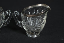 Load image into Gallery viewer, Vintage Glass Creamer & Sugar Set with Silver-Tone Rim – Leaf Pattern Design