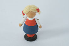 Load image into Gallery viewer, Vintage Wooden Doll Figurine – Hand-Painted Folk Girl with Yarn Hair – 2.75" Tall