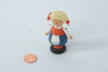 Load image into Gallery viewer, Vintage Wooden Doll Figurine – Hand-Painted Folk Girl with Yarn Hair – 2.75" Tall