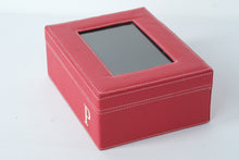 Load image into Gallery viewer, Red Faux Leather Photo Storage Box with Window & “P” Monogram – 8.5" x 6.5" x 3.25"
