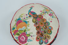 Load image into Gallery viewer, Boho Embroidered Peacock Pillow with Jeweled Accents – Round 18" Cushion