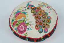 Load image into Gallery viewer, Boho Embroidered Peacock Pillow with Jeweled Accents – Round 18" Cushion