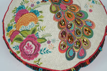 Load image into Gallery viewer, Boho Embroidered Peacock Pillow with Jeweled Accents – Round 18" Cushion