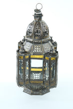 Load image into Gallery viewer, Vintage Moorish Hexagonal Hanging Lantern – Pierced Metal & Glass – 15” Tall