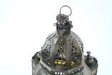 Load image into Gallery viewer, Vintage Moorish Hexagonal Hanging Lantern – Pierced Metal & Glass – 15” Tall