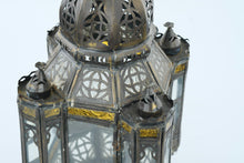 Load image into Gallery viewer, Vintage Moorish Hexagonal Hanging Lantern – Pierced Metal & Glass – 15” Tall