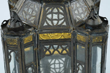 Load image into Gallery viewer, Vintage Moorish Hexagonal Hanging Lantern – Pierced Metal & Glass – 15” Tall