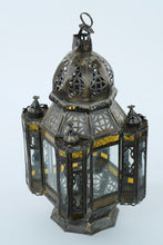 Load image into Gallery viewer, Vintage Moorish Hexagonal Hanging Lantern – Pierced Metal & Glass – 15” Tall
