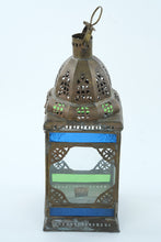 Load image into Gallery viewer, Boho Bazaar Multicolor Glass Lantern – 16” Tall Moroccan-Inspired Metal Candle Holder