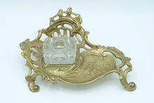 Load image into Gallery viewer, Art Nouveau Brass and Glass Inkwell Set- Virginia Metalcrafters