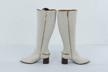 Load image into Gallery viewer, Calvin Klein Womens Cream Leather Knee High Boots Gold Chain Block Heel Size 8