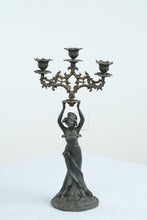 Load image into Gallery viewer, Antique Style Figural Metal Candelabra Woman Holding Three Light Candle Holder Art Nouveau