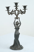 Load image into Gallery viewer, Antique Style Figural Metal Candelabra Woman Holding Three Light Candle Holder Art Nouveau