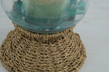 Load image into Gallery viewer, Coastal Woven Seagrass Hurricane Candle Holder Blue Glass 9 Inch