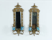 Load image into Gallery viewer, Pair Antique French Chinoiserie Brass Wall Sconces Mirrors Cloisonne Enamel