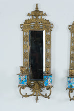 Load image into Gallery viewer, Pair Antique French Chinoiserie Brass Wall Sconces Mirrors Cloisonne Enamel