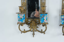 Load image into Gallery viewer, Pair Antique French Chinoiserie Brass Wall Sconces Mirrors Cloisonne Enamel