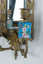 Load image into Gallery viewer, Pair Antique French Chinoiserie Brass Wall Sconces Mirrors Cloisonne Enamel