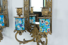 Load image into Gallery viewer, Pair Antique French Chinoiserie Brass Wall Sconces Mirrors Cloisonne Enamel