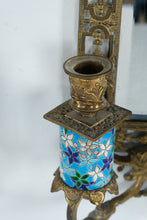 Load image into Gallery viewer, Pair Antique French Chinoiserie Brass Wall Sconces Mirrors Cloisonne Enamel