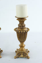 Load image into Gallery viewer, Pair Gold Tone Ornate Candle Holders Traditional Tabletop Pillar Candlesticks